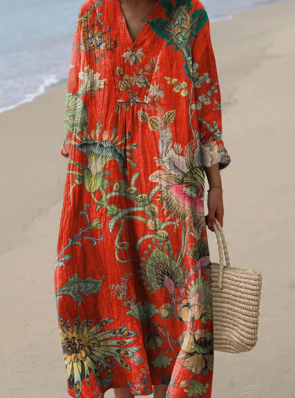 Women's Vintage Floral Art Print Loose Fall Dress Long Sleeve - Red