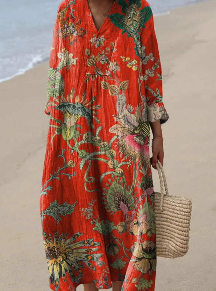 Women's Vintage Floral Art Print Loose Fall Dress Long Sleeve - Red
