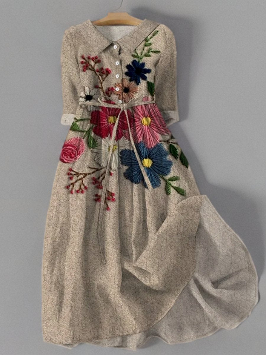 Women's Vintage Floral Embroidered Long Sleeve Dress Belted Midi - As Pictured