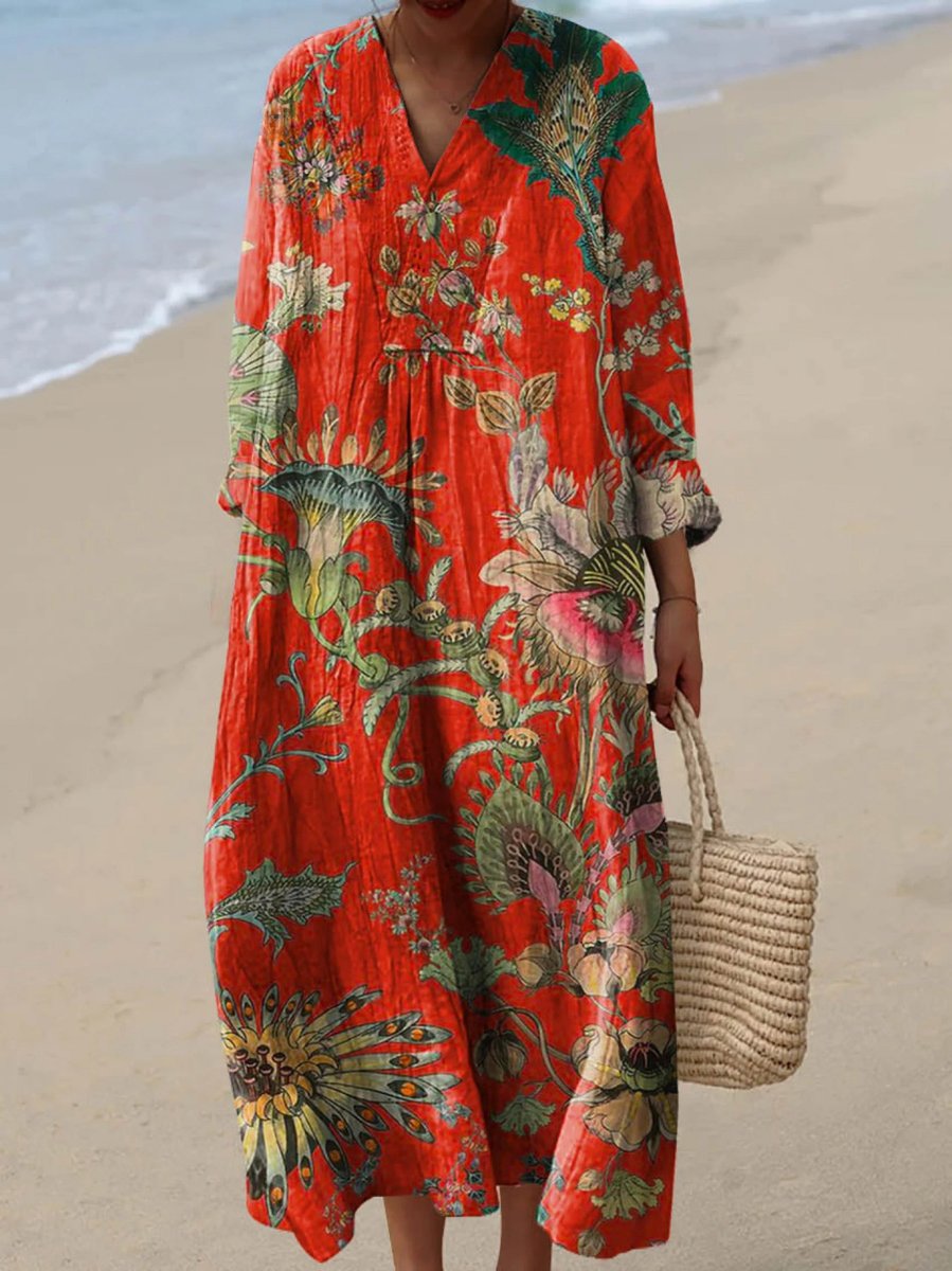 Women's Vintage Floral Oversized Dress Long Sleeve V-Neck Midi - Red