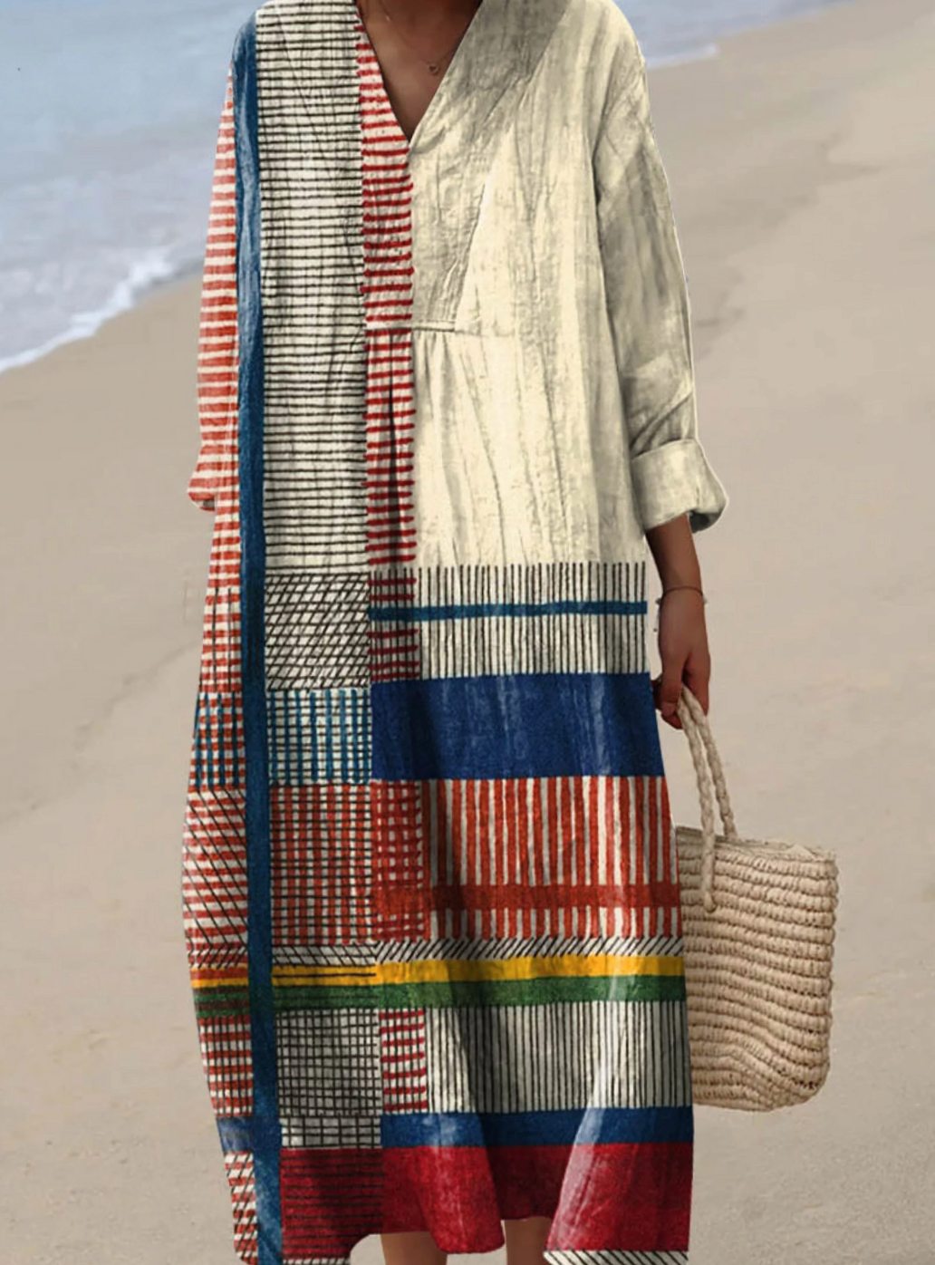 Women's Vintage Geometric Print Long Sleeve Fall Dress - Multicolor