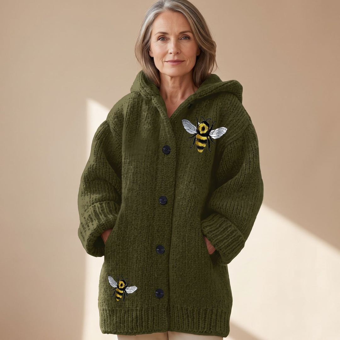 Women's Vintage Hooded Button-Up Knit Cardigan Bee Embroidered