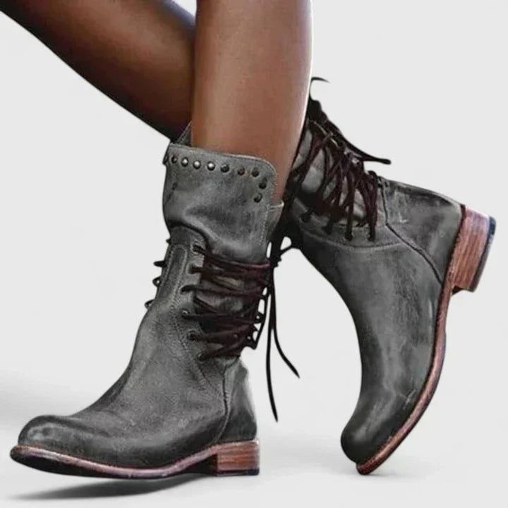 Women's Vintage Lace-Up Studded Ankle Knee High Boots Block Heel - Gray