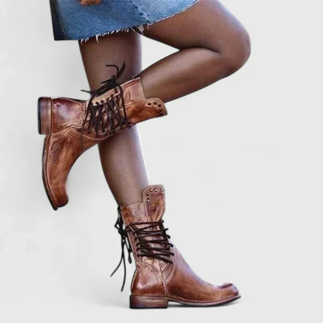 Women's Vintage Lace-Up Studded Ankle Knee High Boots Block Heel