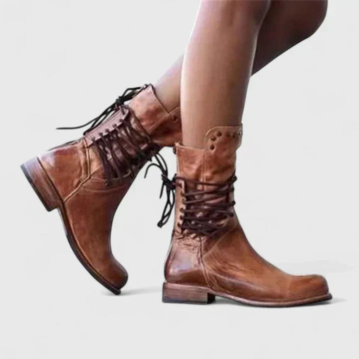 Women's Vintage Lace-Up Studded Ankle Knee High Boots Block Heel - Brown
