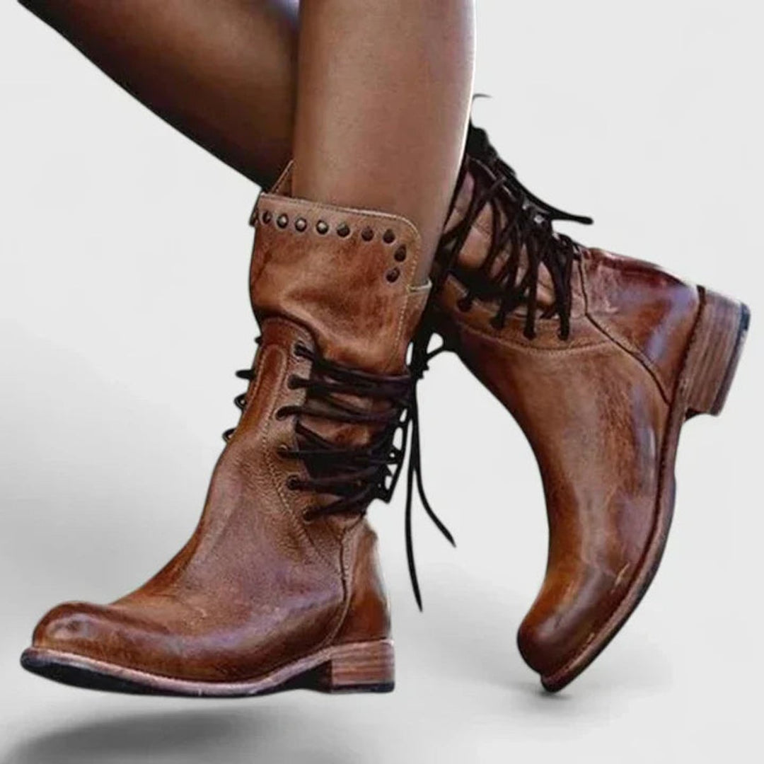Women's Vintage Lace-Up Studded Ankle Knee High Boots Block Heel