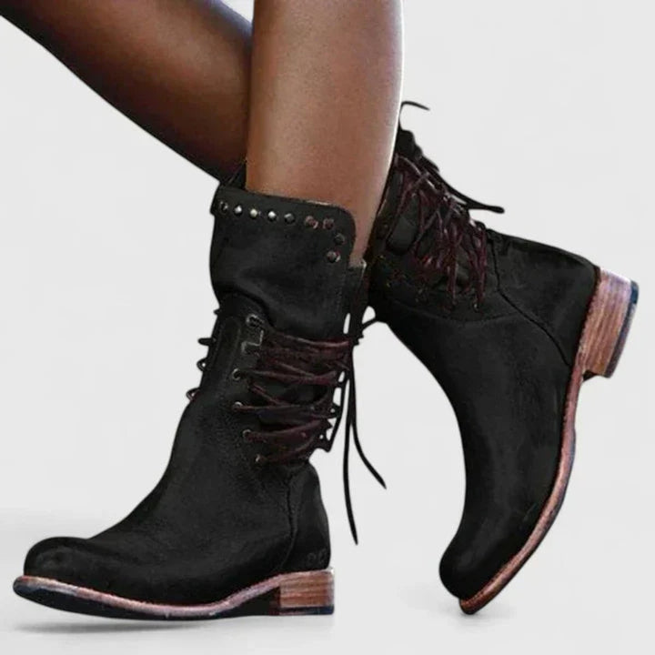 Women's Vintage Lace-Up Studded Ankle Knee High Boots Block Heel - Black