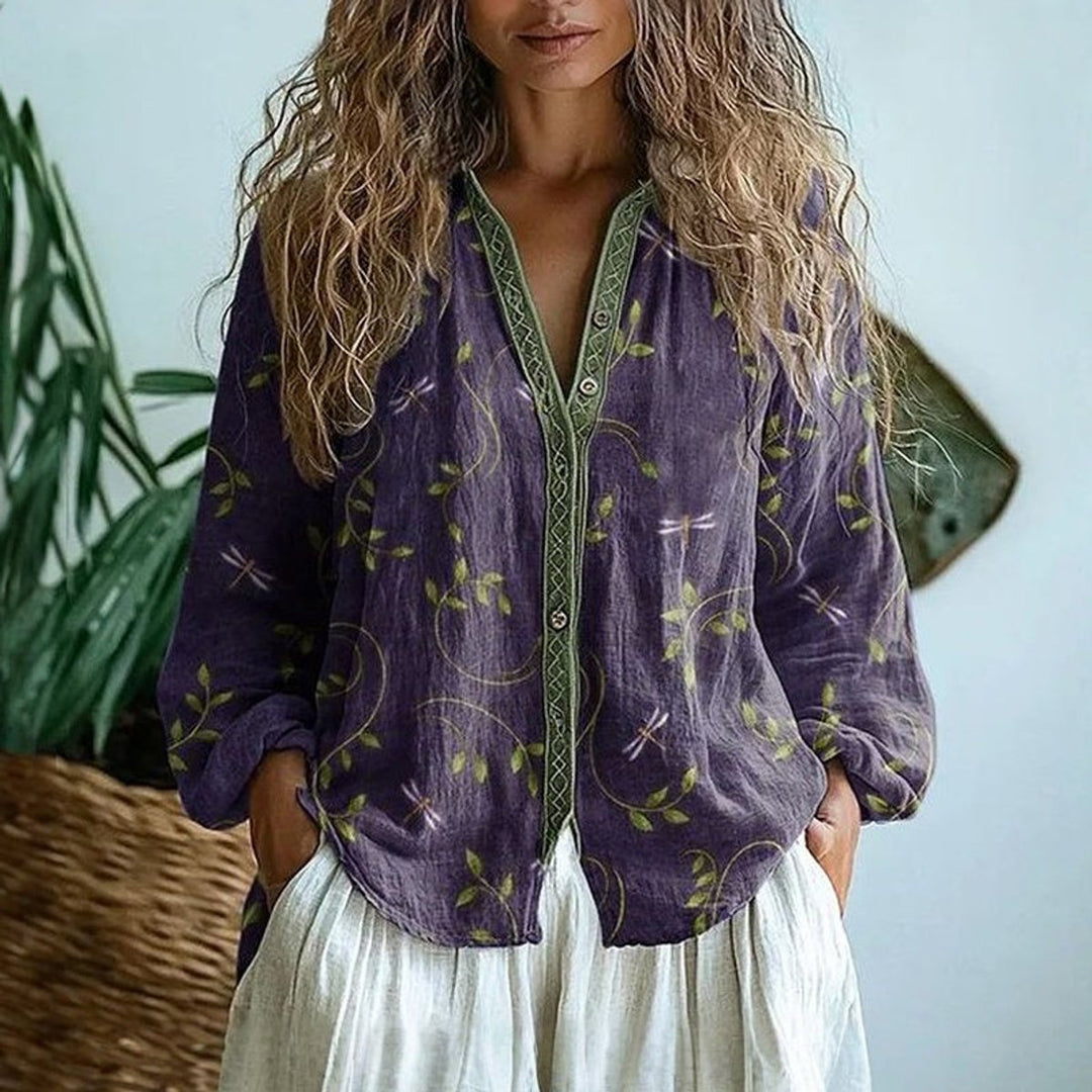 Women's Vintage Leaf Print Button-Down Long Sleeve Shirt - Purple