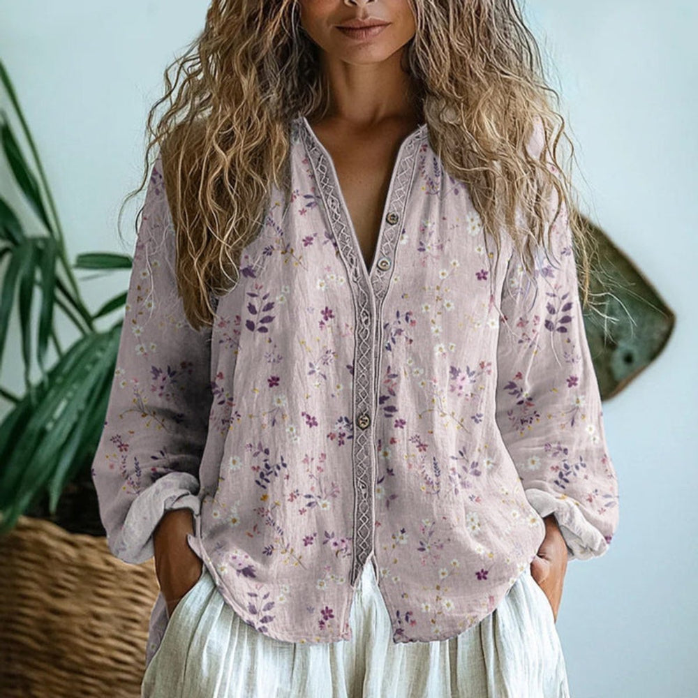 Women's Vintage Leaf Print Button-Down Long Sleeve Shirt - Pink