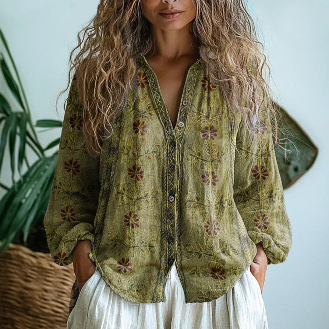 Women's Vintage Leaf Print Button-Down Long Sleeve Shirt - Green