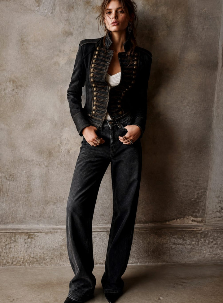 Women's Vintage Military Gold-Trim Faux Leather Jacket