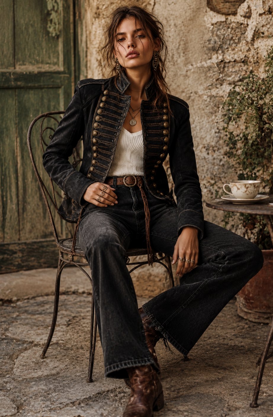 Women's Vintage Military Gold-Trim Faux Leather Jacket