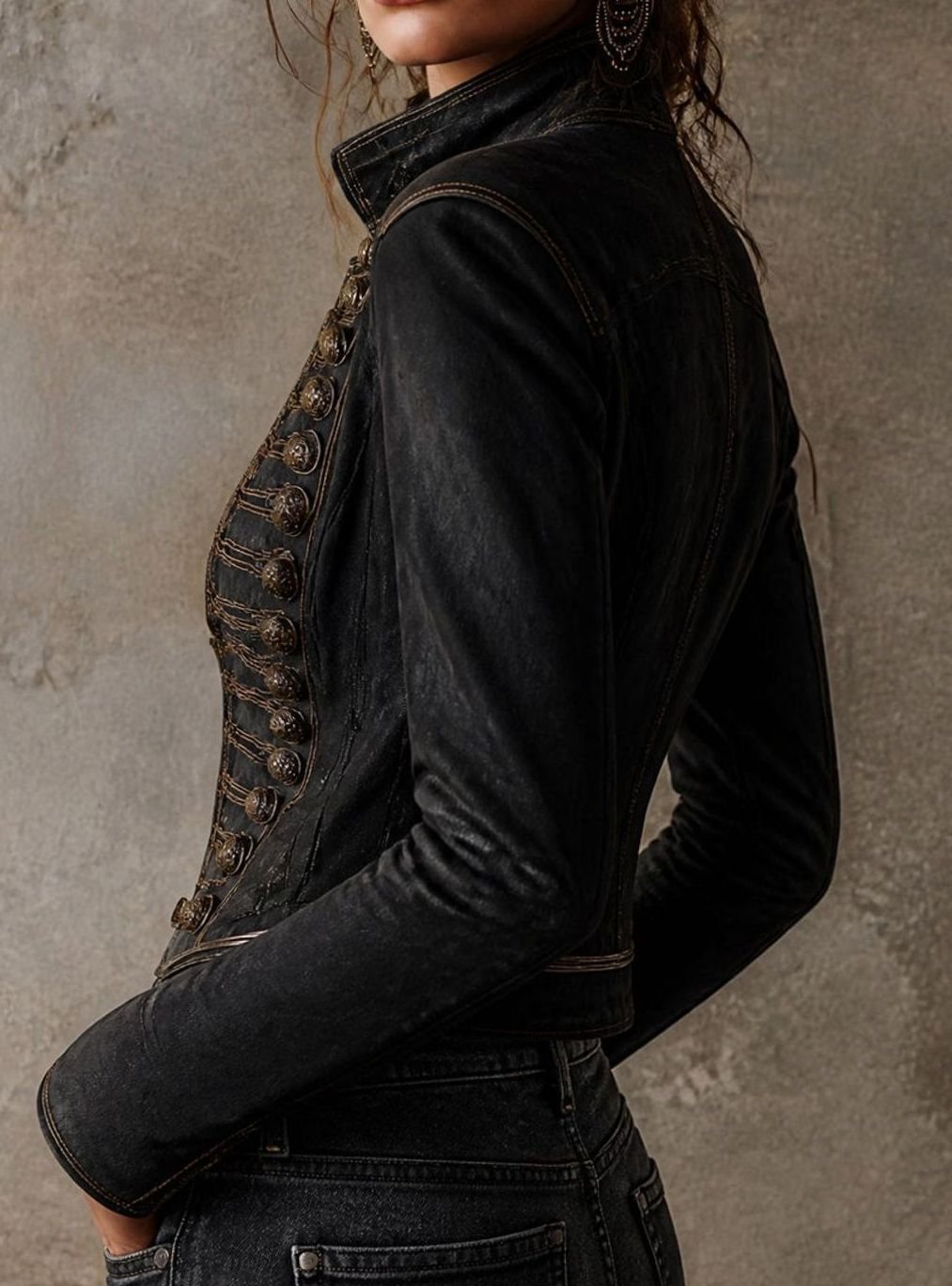 Women's Vintage Military Gold-Trim Faux Leather Jacket