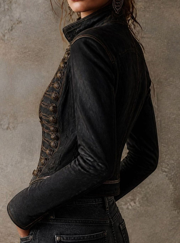 Women's Vintage Military Gold-Trim Faux Leather Jacket