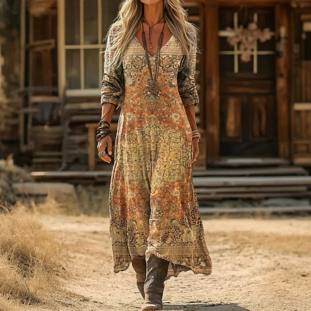 Women's Vintage-Print V-Neck Long Sleeve Dress Boho Maxi - Yellow