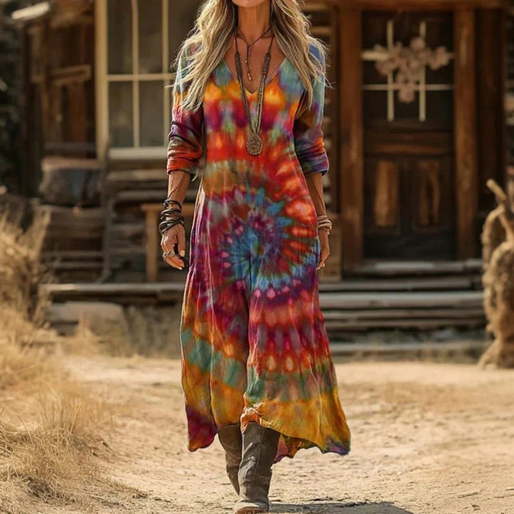 Women's Vintage-Print V-Neck Long Sleeve Dress Boho Maxi - Multicolor