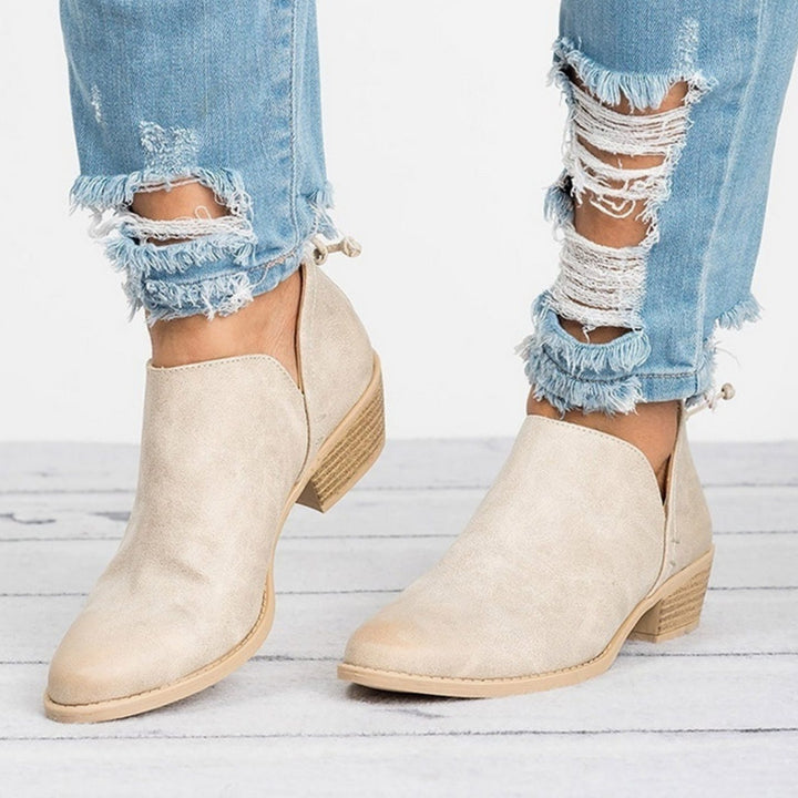 Women's Vintage-Style Slip-On Block Heel Ankle Boots - Beige