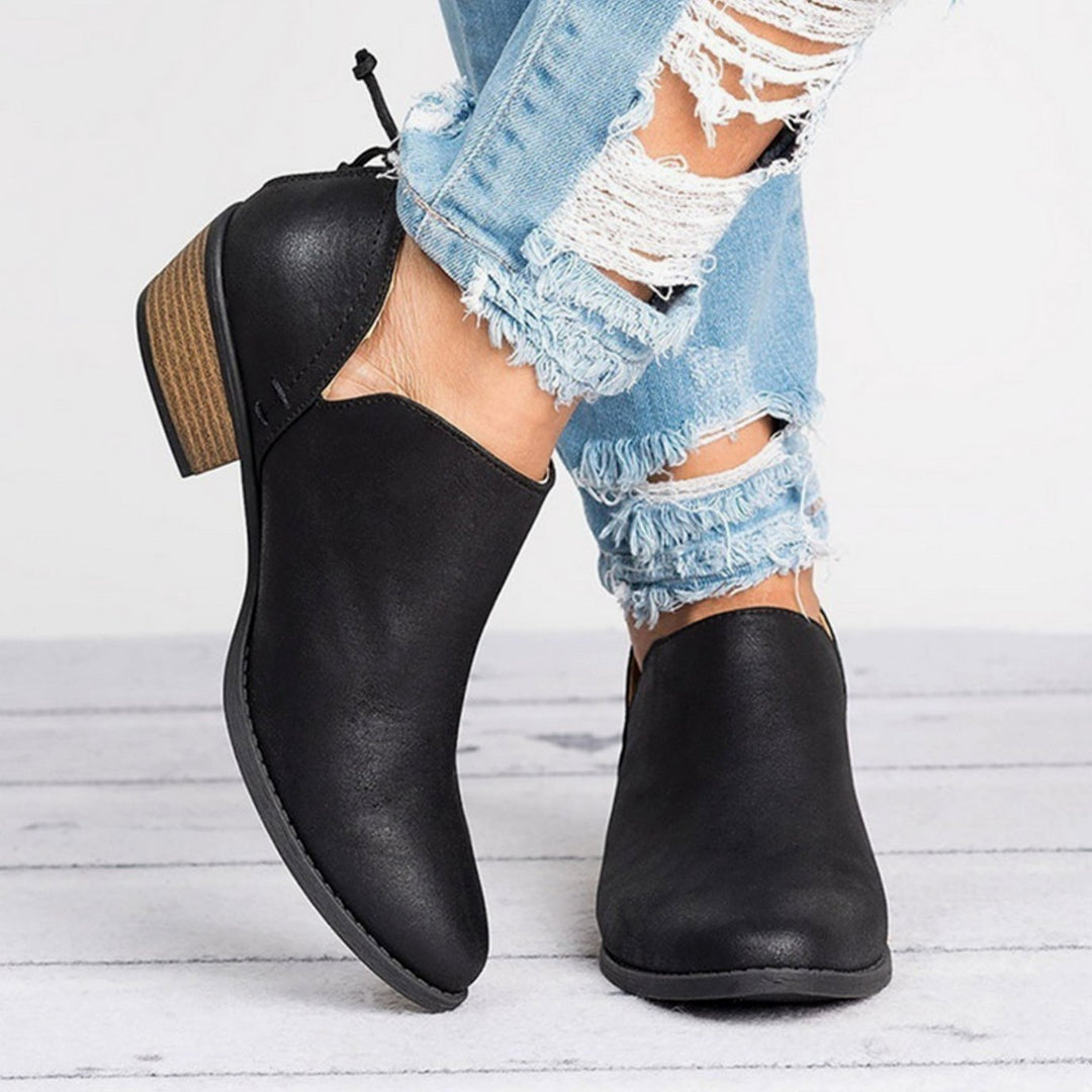 Women's Vintage-Style Slip-On Block Heel Ankle Boots - Black