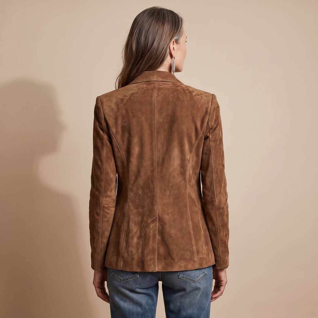 Women's Vintage Suede-Look Brown Blazer Contrast Stitching