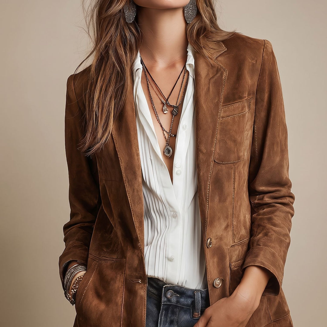 Women's Vintage Suede-Look Brown Blazer Contrast Stitching