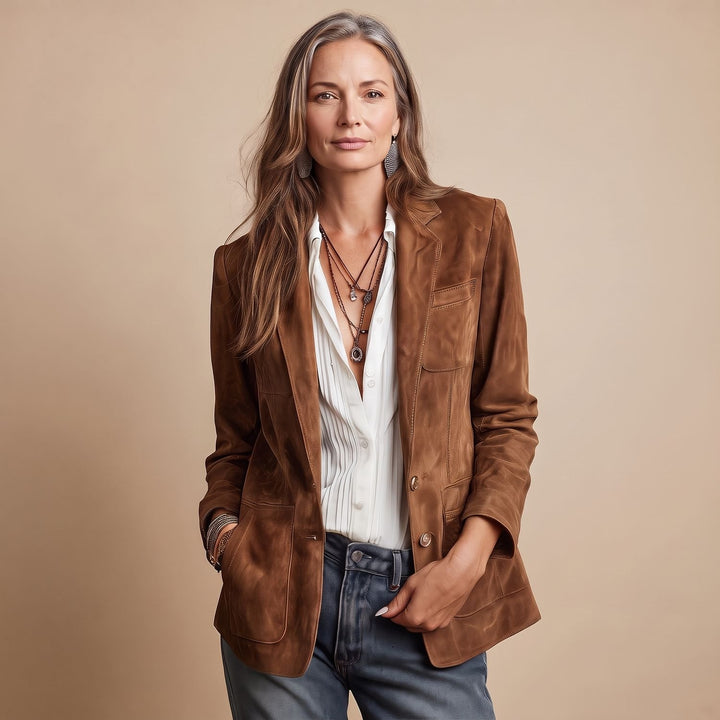 Women's Vintage Suede-Look Brown Blazer Contrast Stitching