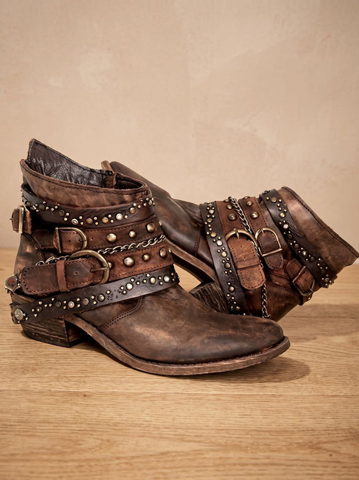 Women's Vintage Western Studded Buckle-Strap Ankle Boots