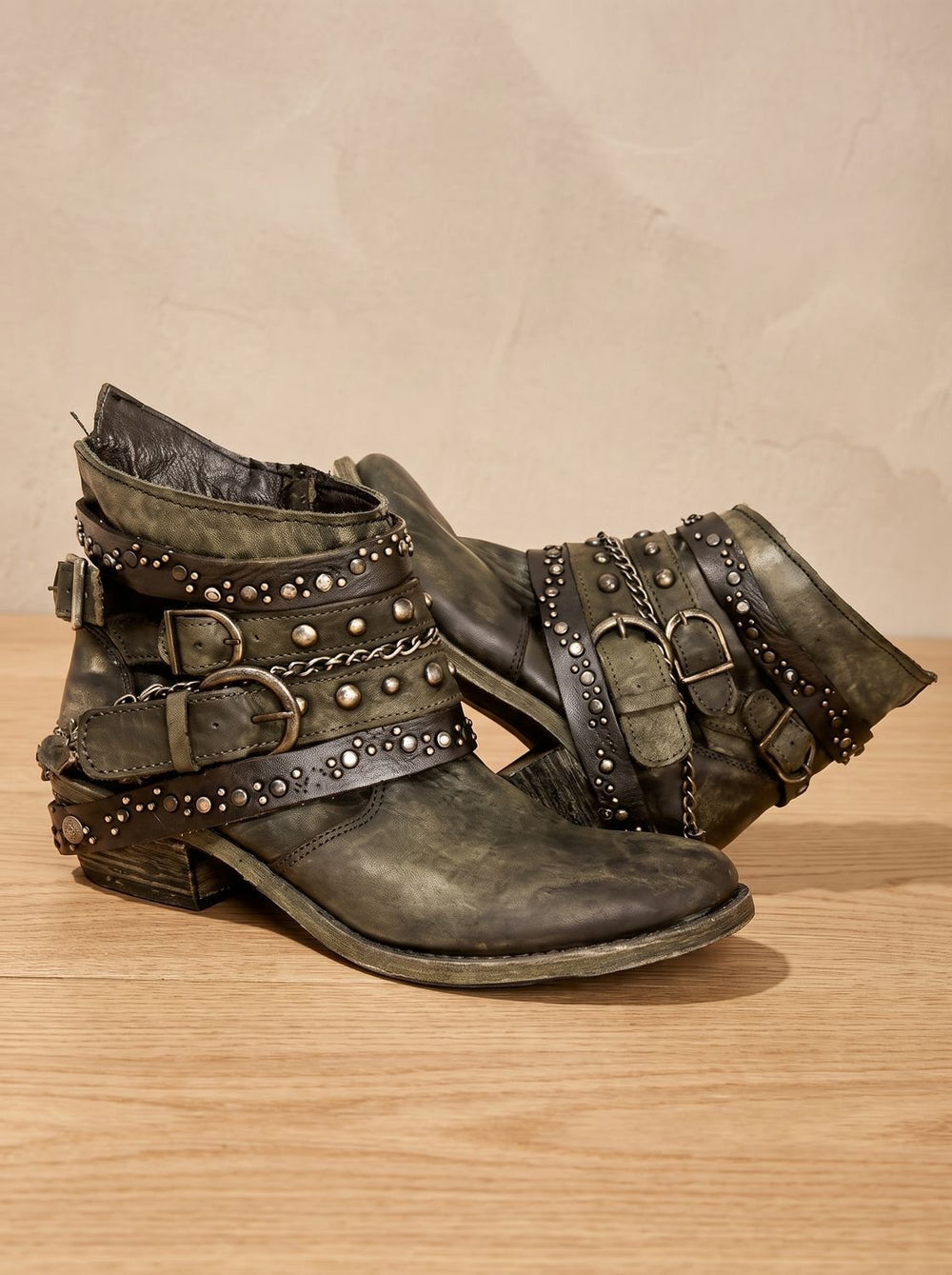 Women's Vintage Western Studded Buckle-Strap Ankle Boots