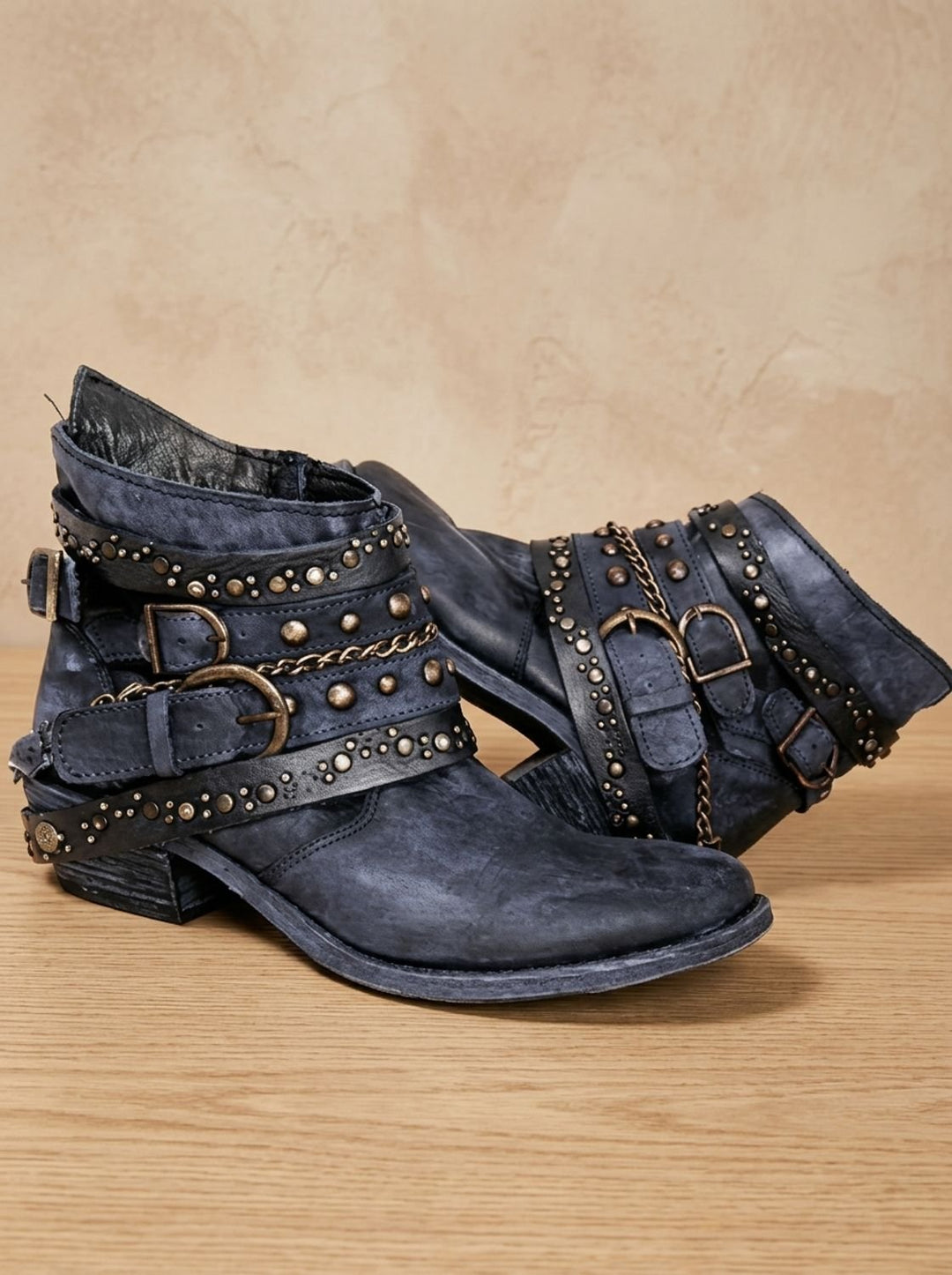Women's Vintage Western Studded Buckle-Strap Ankle Boots