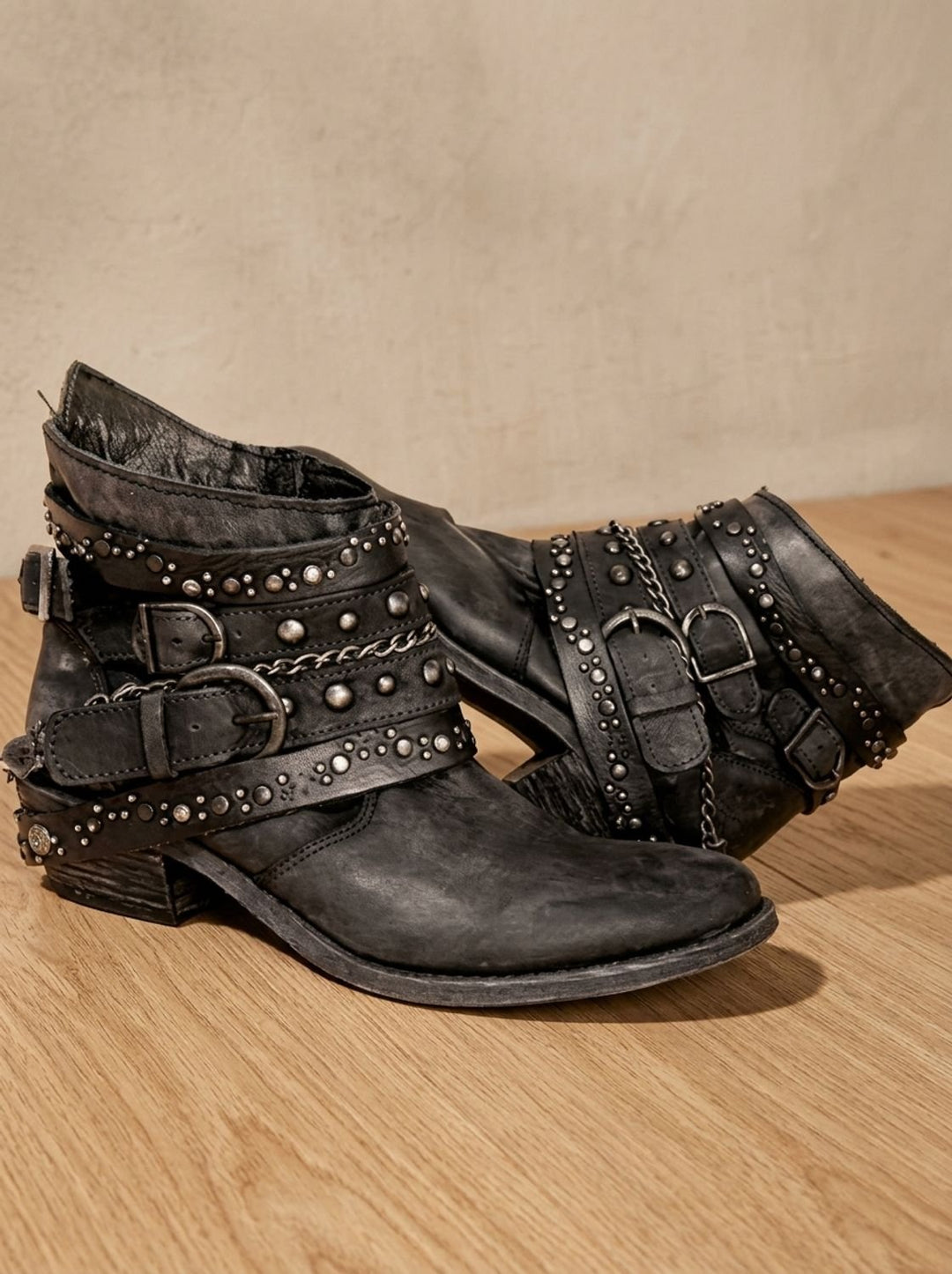Women's Vintage Western Studded Buckle-Strap Ankle Boots