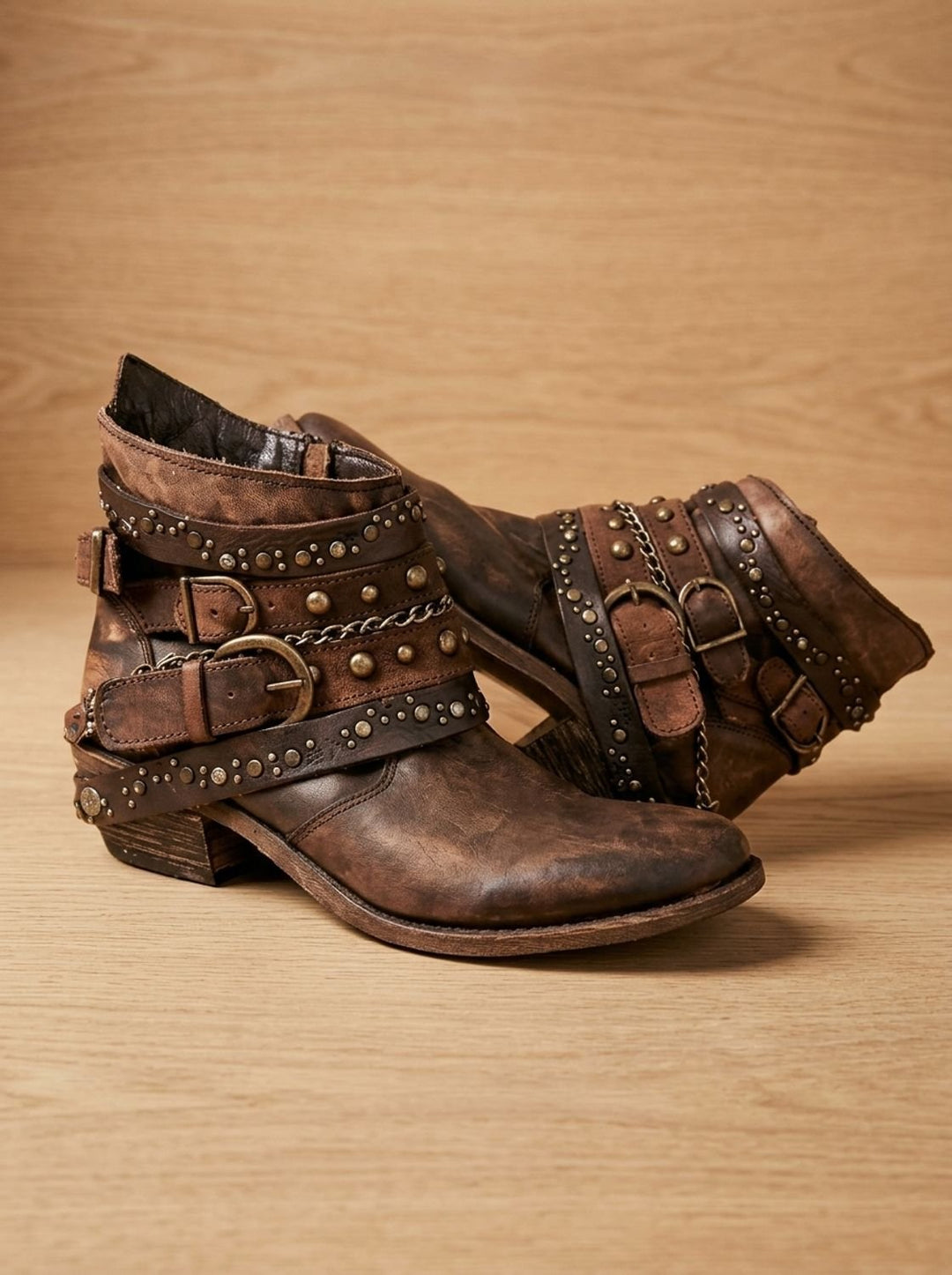 Women's Vintage Western Studded Buckle-Strap Ankle Boots