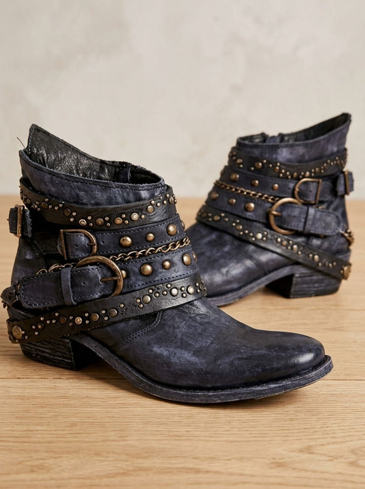Women's Vintage Western Studded Buckle-Strap Ankle Boots - Blue
