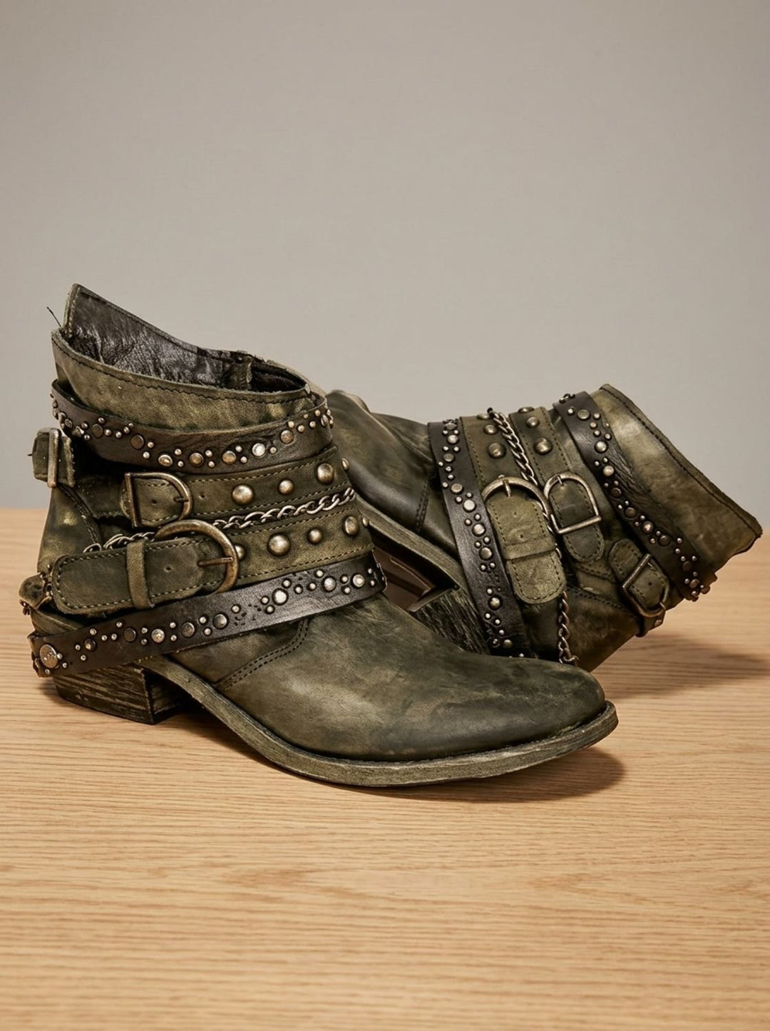 Women's Vintage Western Studded Buckle-Strap Ankle Boots - Green