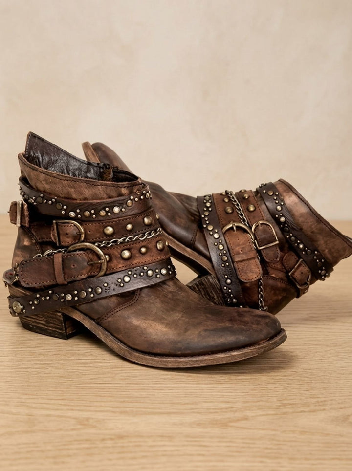 Women's Vintage Western Studded Buckle-Strap Ankle Boots - Brown