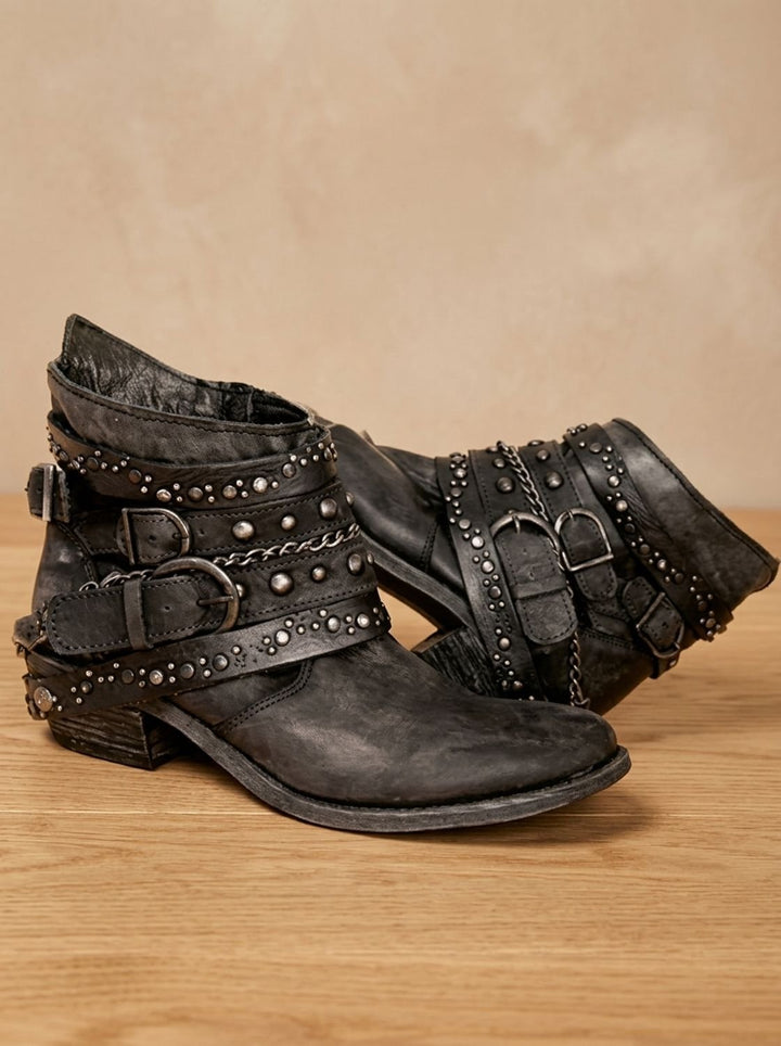 Women's Vintage Western Studded Buckle-Strap Ankle Boots - Black