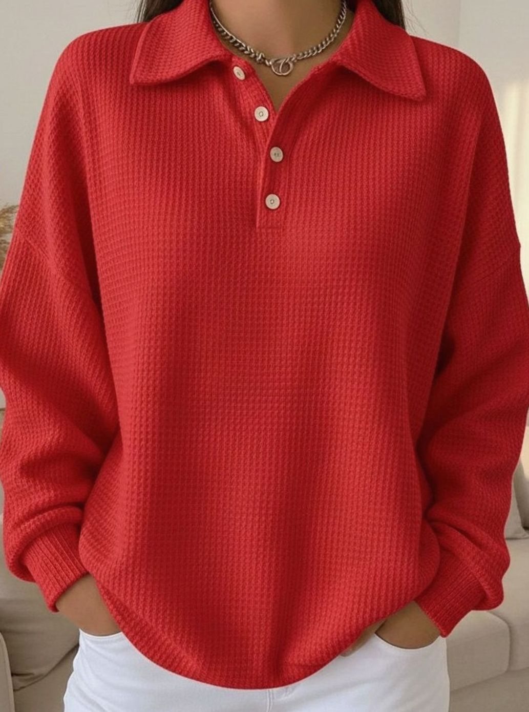 Women's Waffle-Knit Polo Collar Button-Placket Sweater - Red