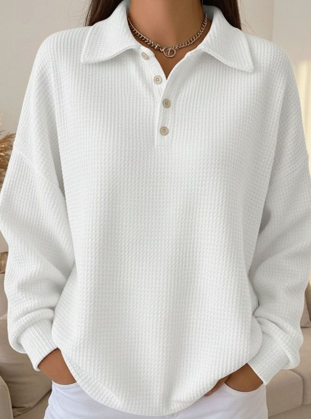 Women's Waffle-Knit Polo Collar Button-Placket Sweater - White