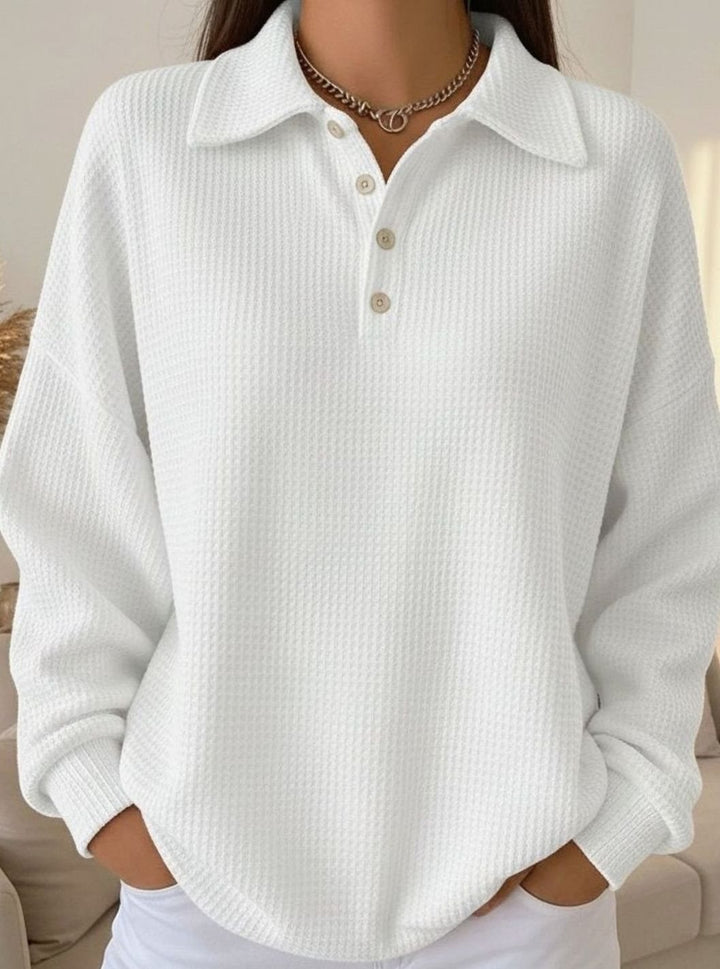 Women's Waffle-Knit Polo Collar Button-Placket Sweater - White