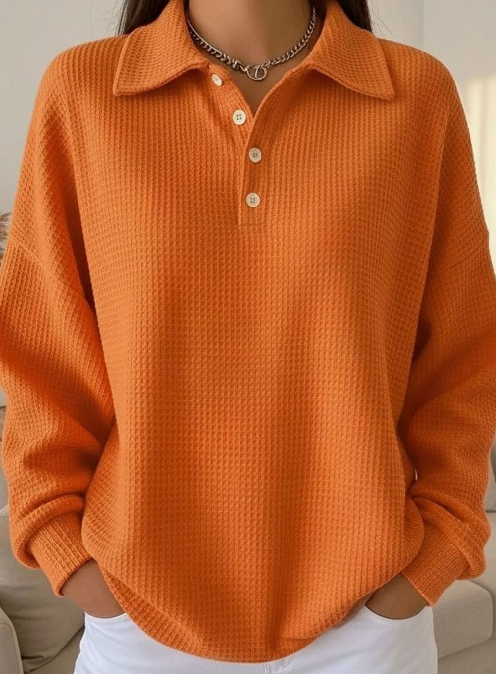 Women's Waffle-Knit Polo Collar Button-Placket Sweater - Orange