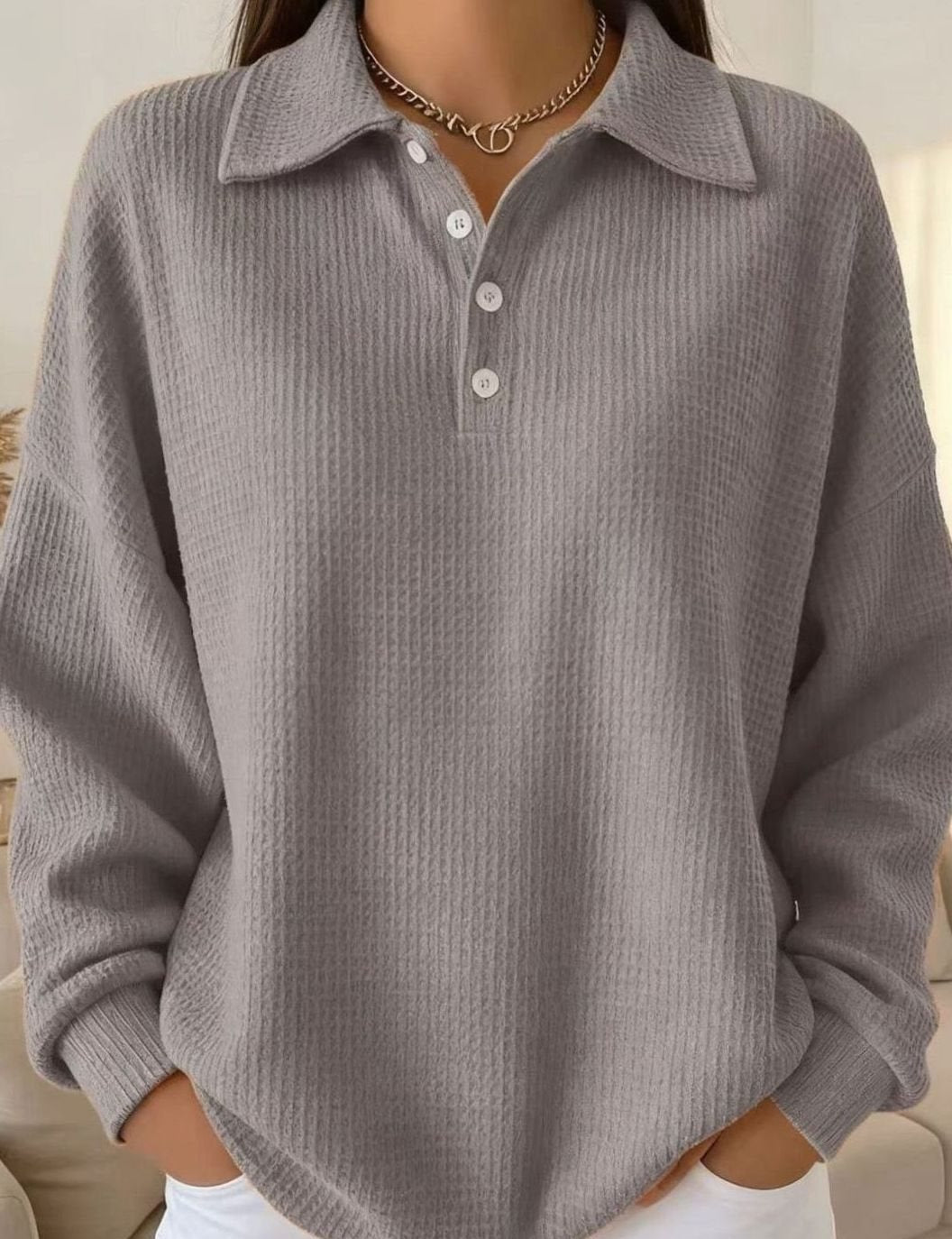 Women's Waffle-Knit Polo Collar Button-Placket Sweater - Gray