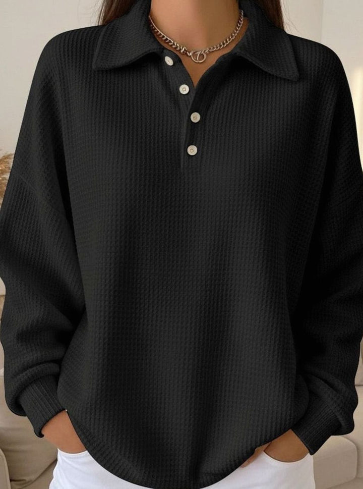 Women's Waffle-Knit Polo Collar Button-Placket Sweater - Black