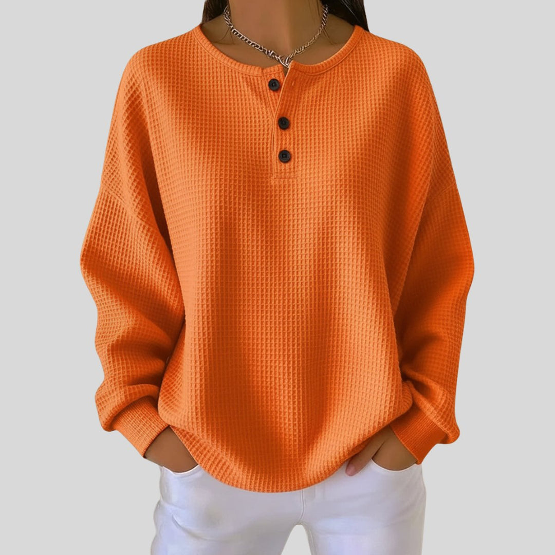Women's Waffle Knit Sweater Long Sleeve Henley Pullover