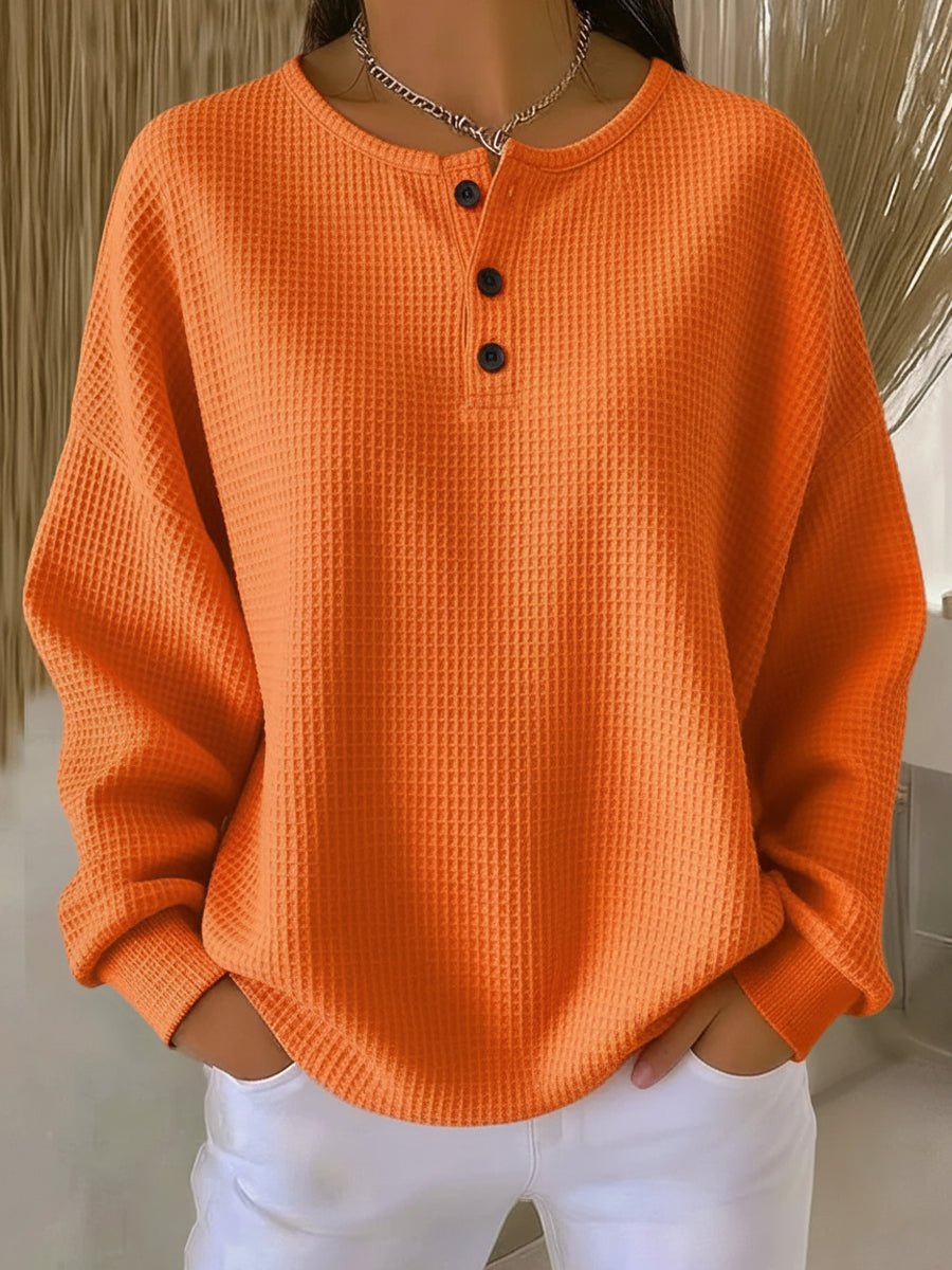 Women's Waffle Knit Sweater Long Sleeve Henley Pullover - Orange