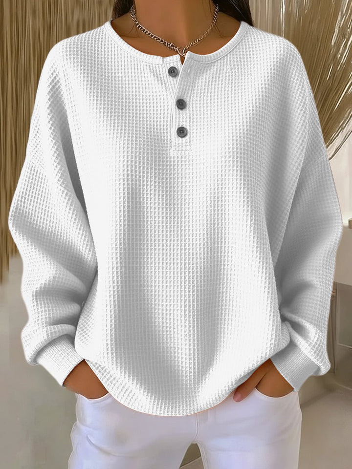 Women's Waffle Knit Sweater Long Sleeve Henley Pullover - White