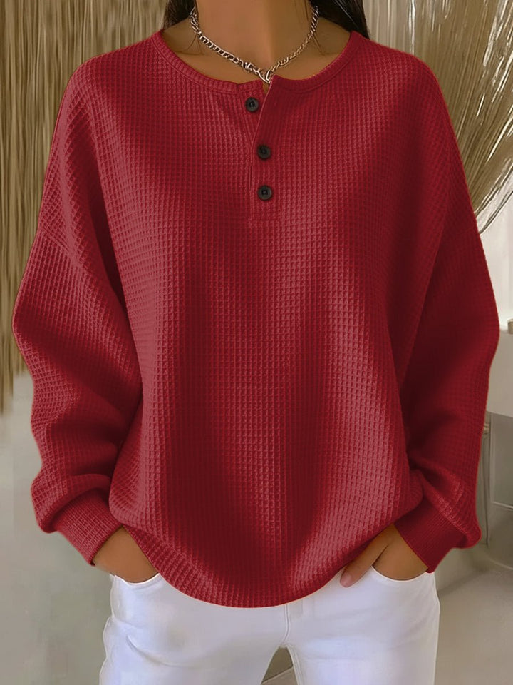 Women's Waffle Knit Sweater Long Sleeve Henley Pullover - Red