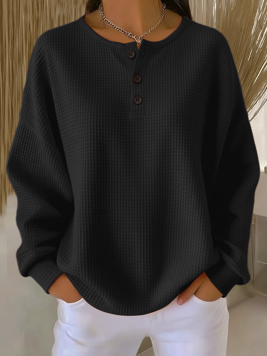 Women's Waffle Knit Sweater Long Sleeve Henley Pullover - Black