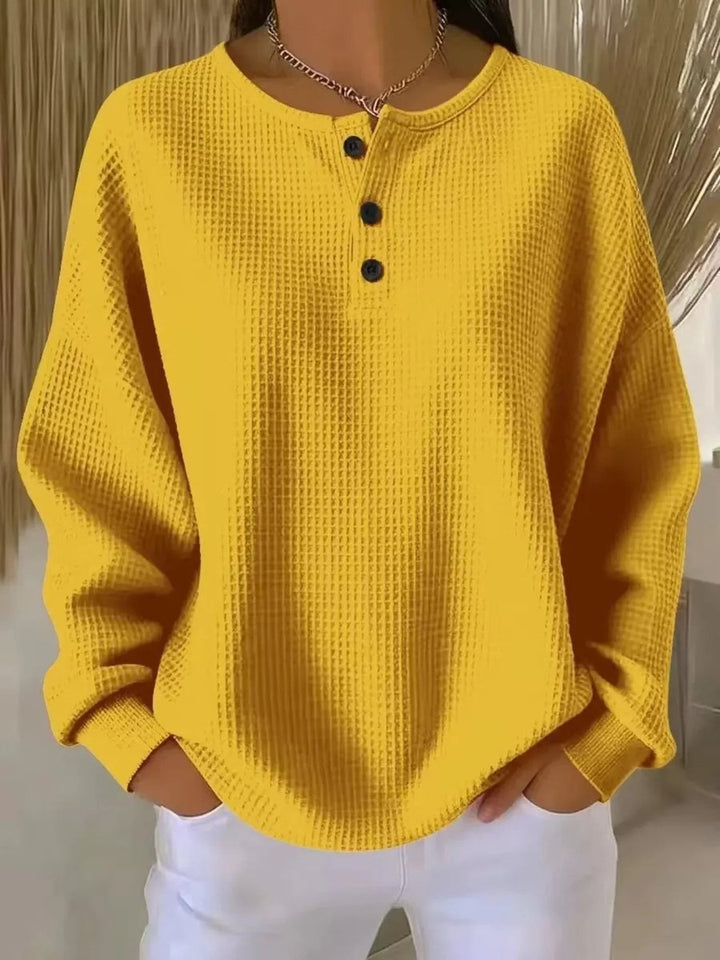 Women's Waffle Knit Sweater Long Sleeve Henley Pullover - Yellow