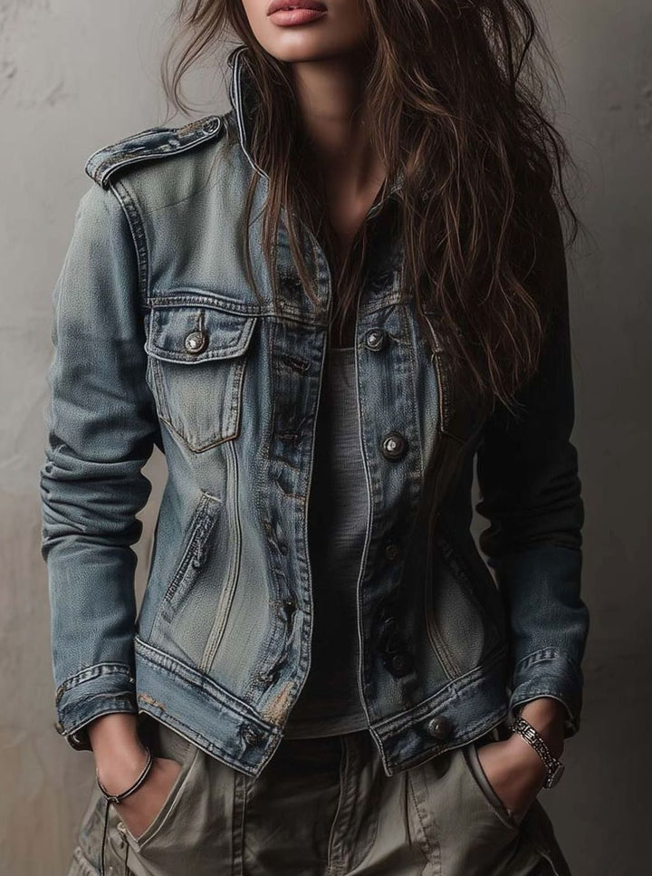 Women's Washed Faded Utility Trucker Denim Jacket - Blue