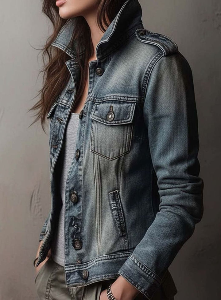 Women's Washed Faded Utility Trucker Denim Jacket