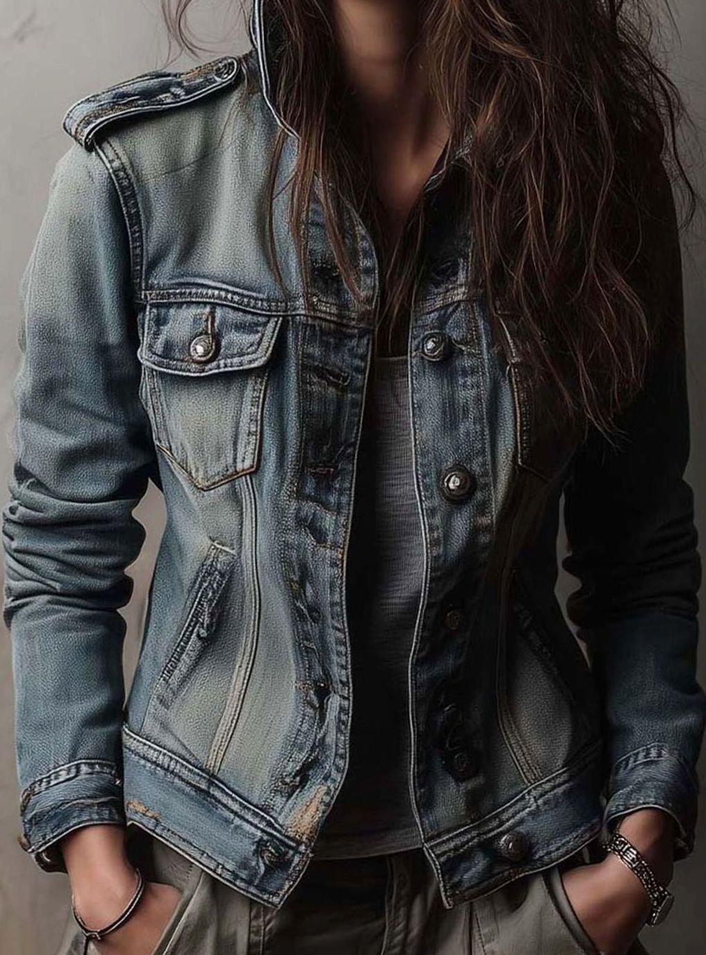 Women's Washed Faded Utility Trucker Denim Jacket