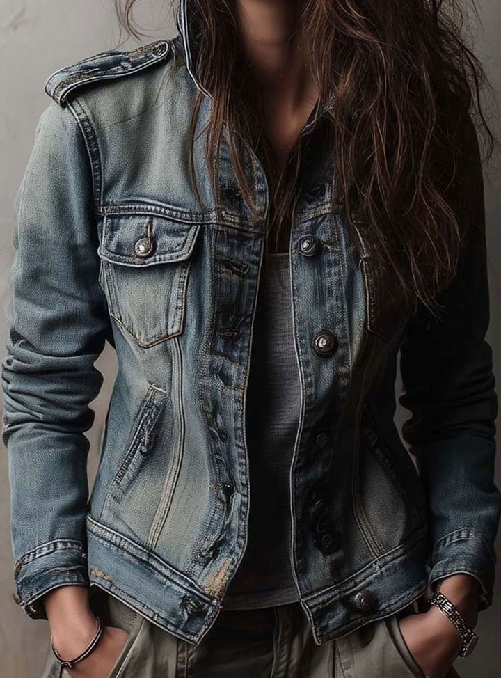 Women's Washed Faded Utility Trucker Denim Jacket